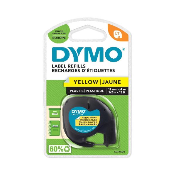 Picture of DYMO 91202 Black on Yellow Plastic Letratag Tape - 12mm X 4m